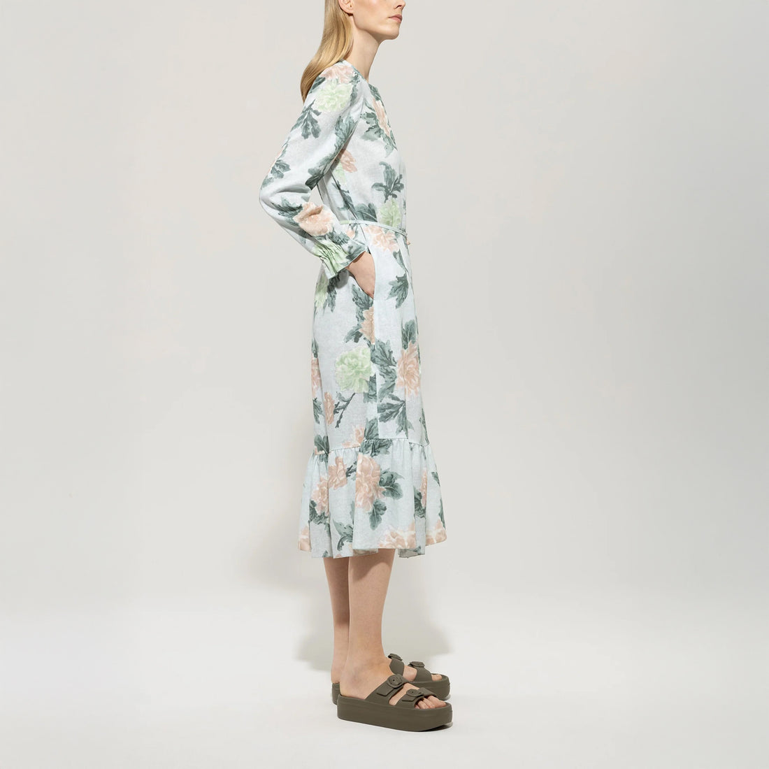 Linen Rose Print Dress - Mint Green