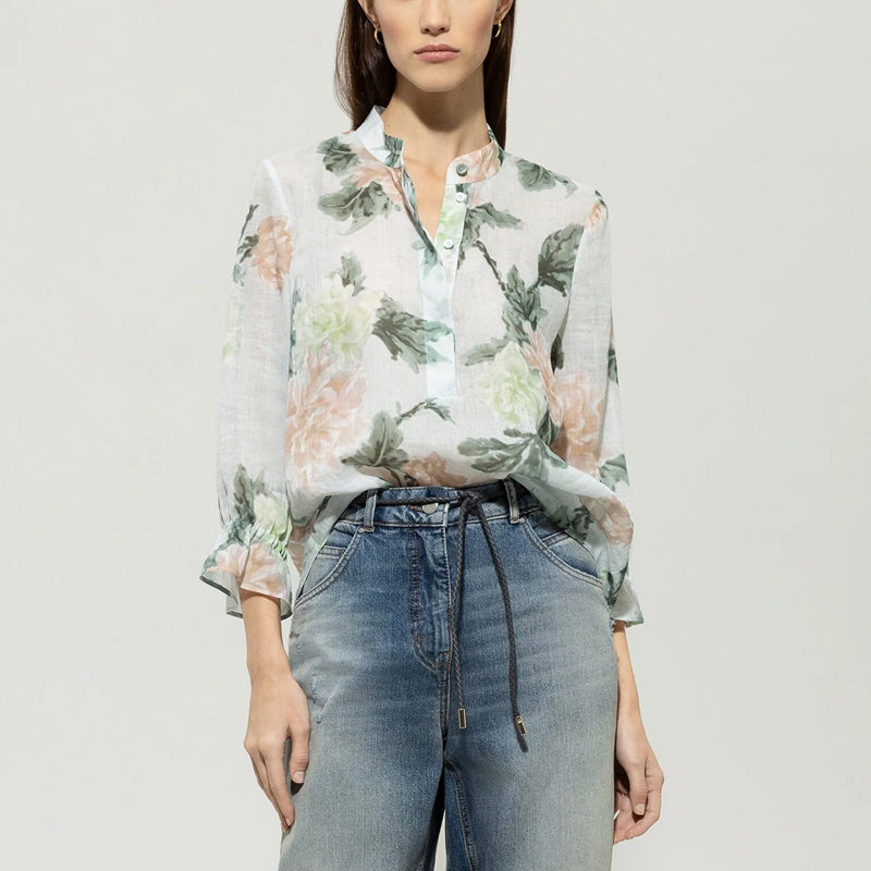 Linen Rose Print Shirt - Mint Green