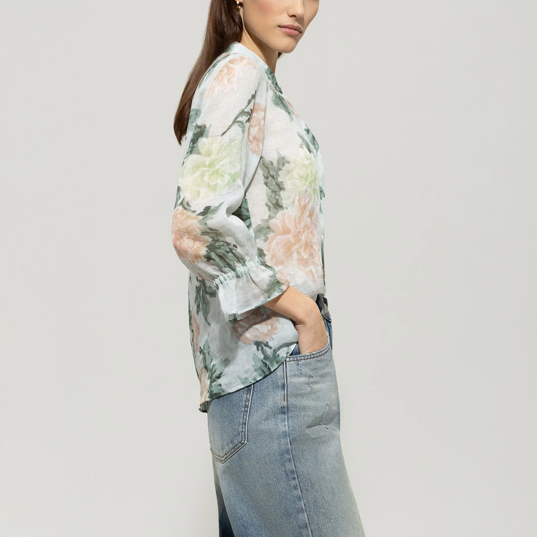 Linen Rose Print Shirt - Mint Green