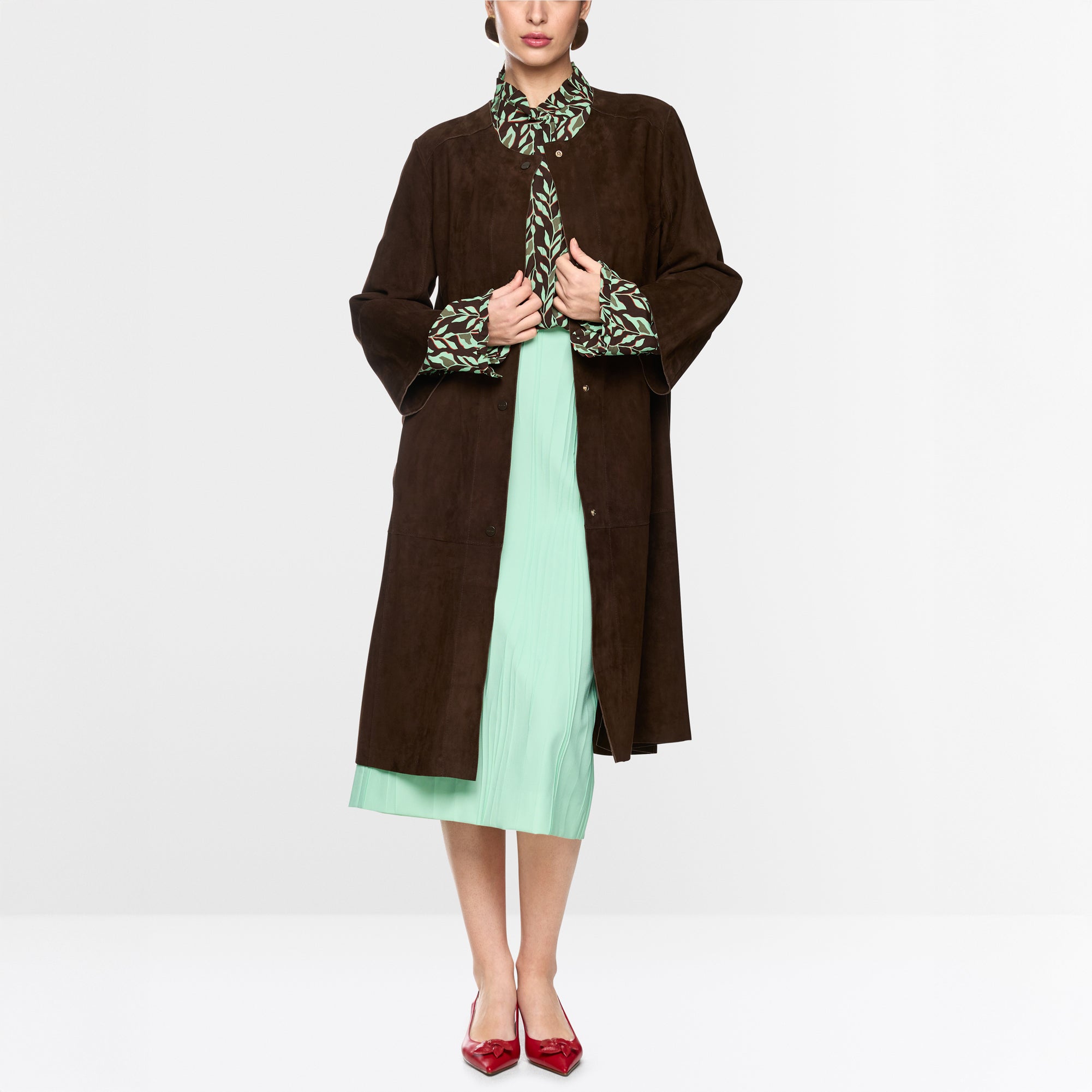 Long Suede Coat - Dark Wood