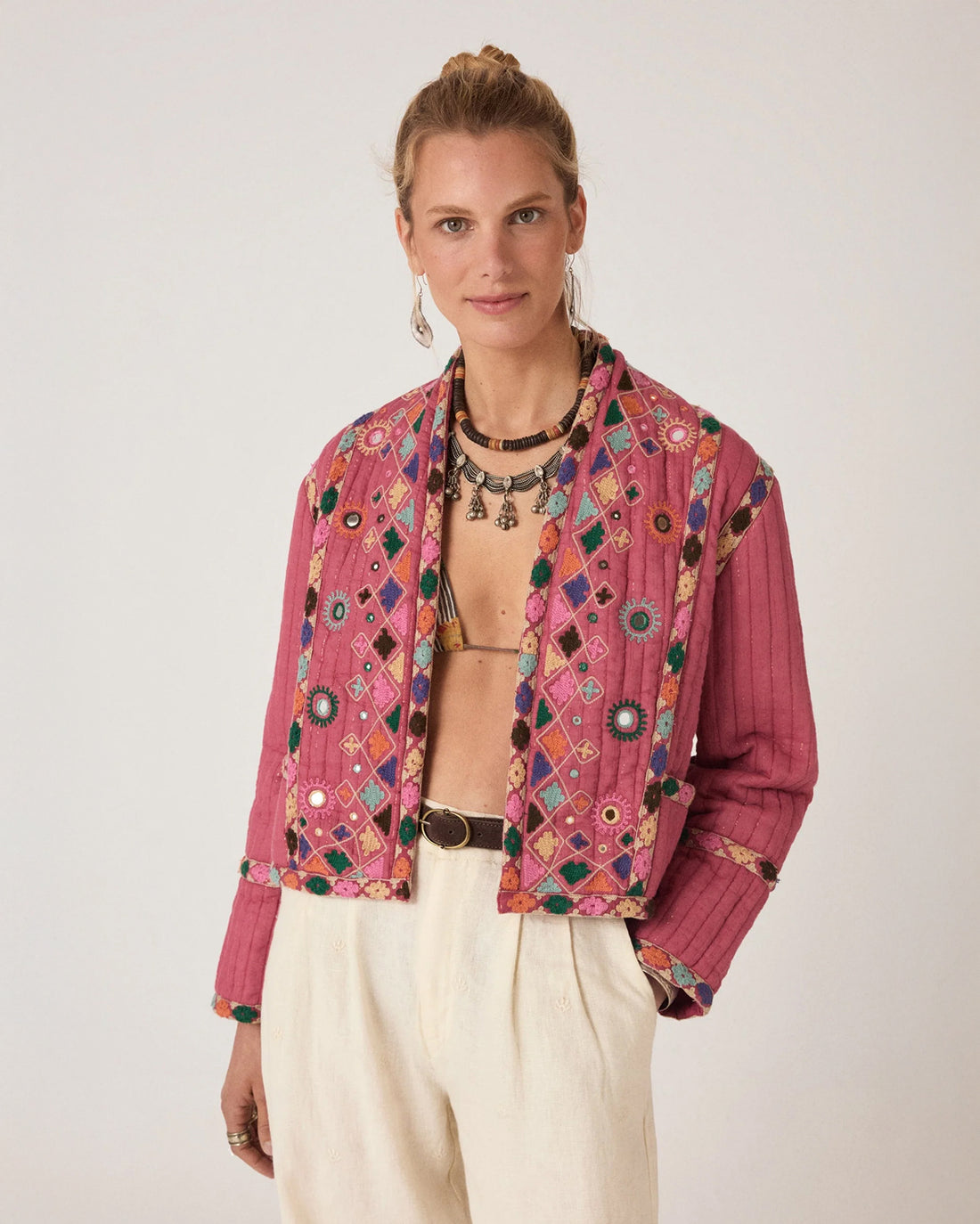 Nisha Embroidered Quilted Jacket - Pink