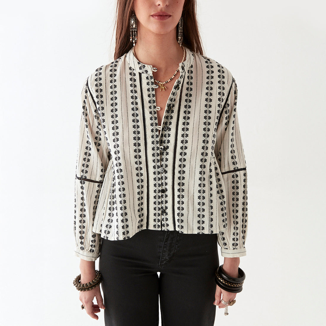 Consuelito Embroidery Stripe Nero Blouse - Pearl Jam