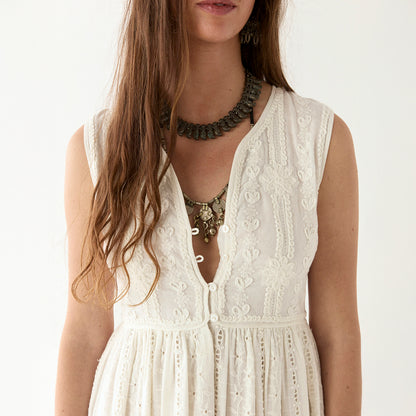 Amandine Sleeveless Embroidery Dress - Ivory