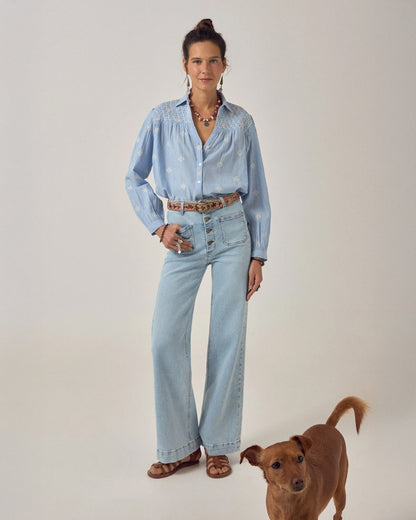 James Smocked Yoke Blouse - Sky Blue