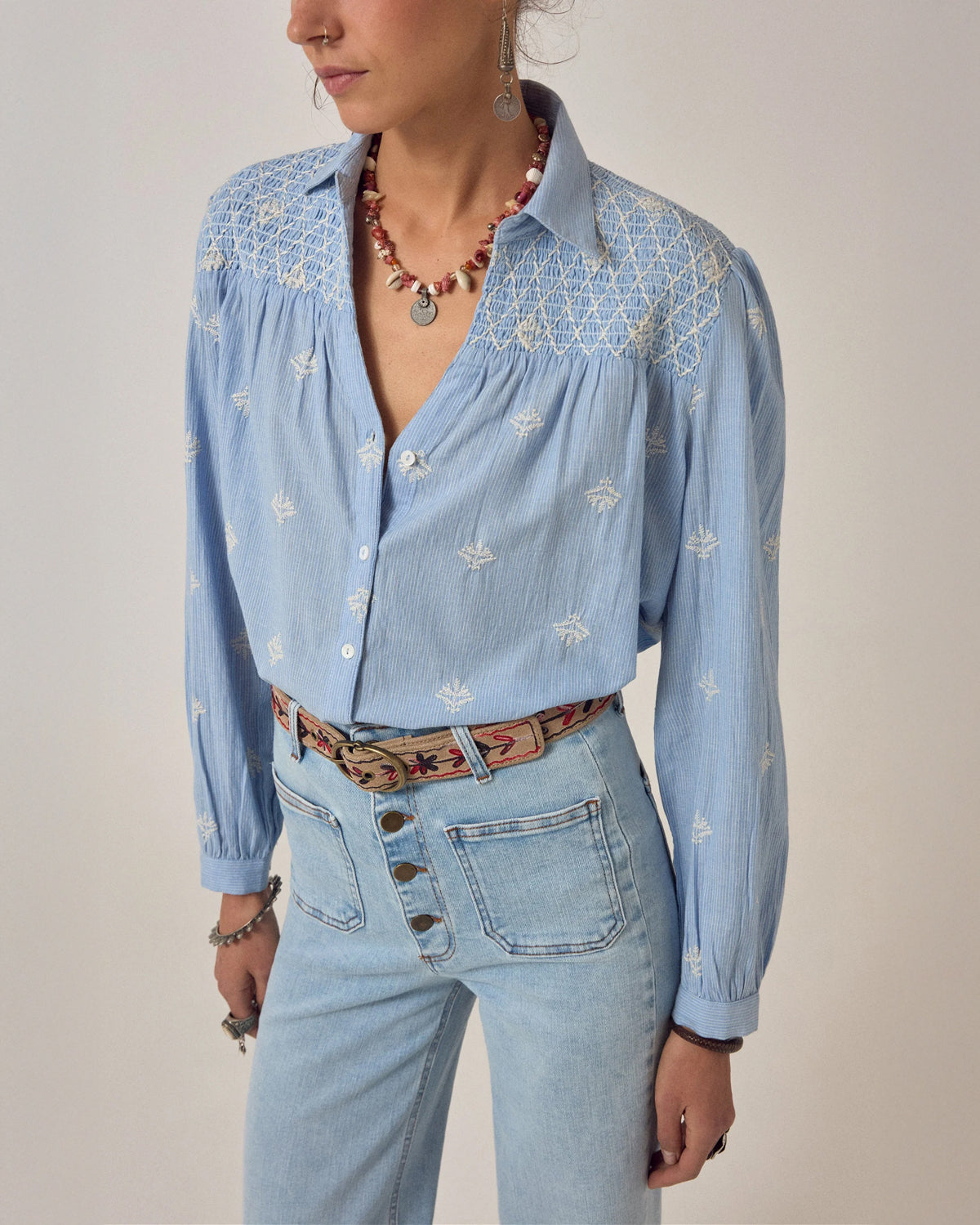 James Smocked Yoke Blouse - Sky Blue