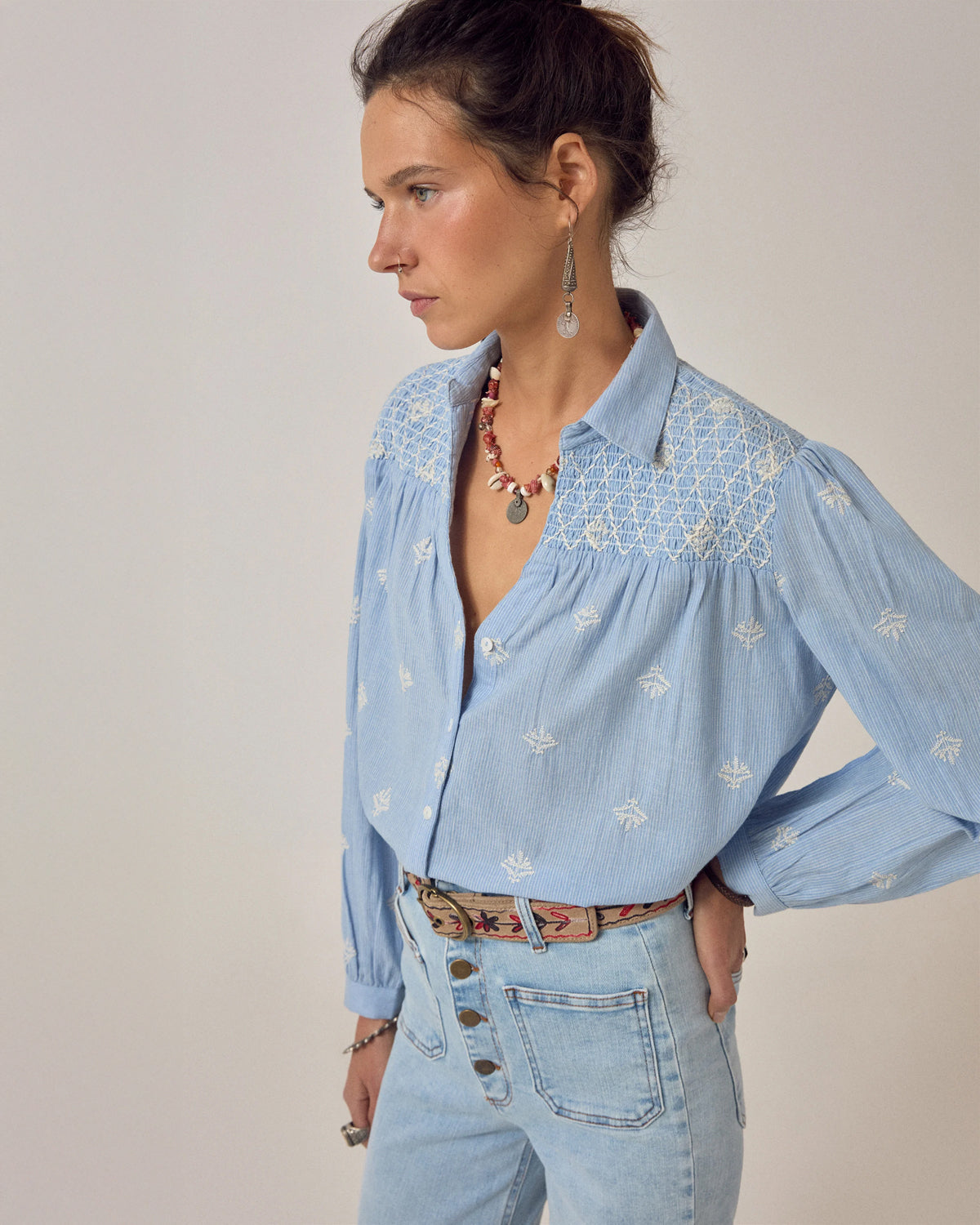 James Smocked Yoke Blouse - Sky Blue