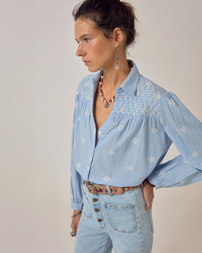 James Smocked Yoke Blouse - Sky Blue