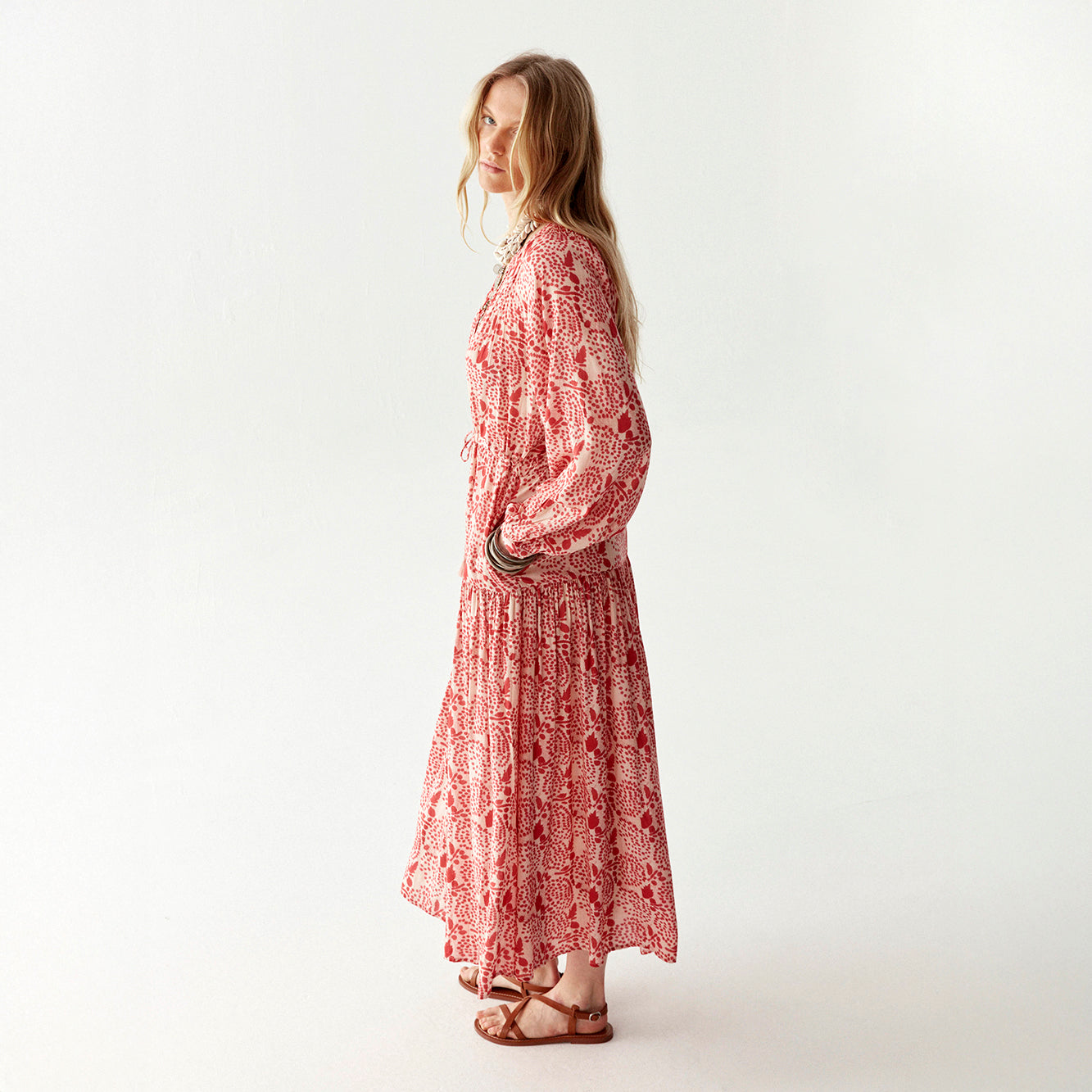 Irene Long Sleeve Button Dress - Pink Martini