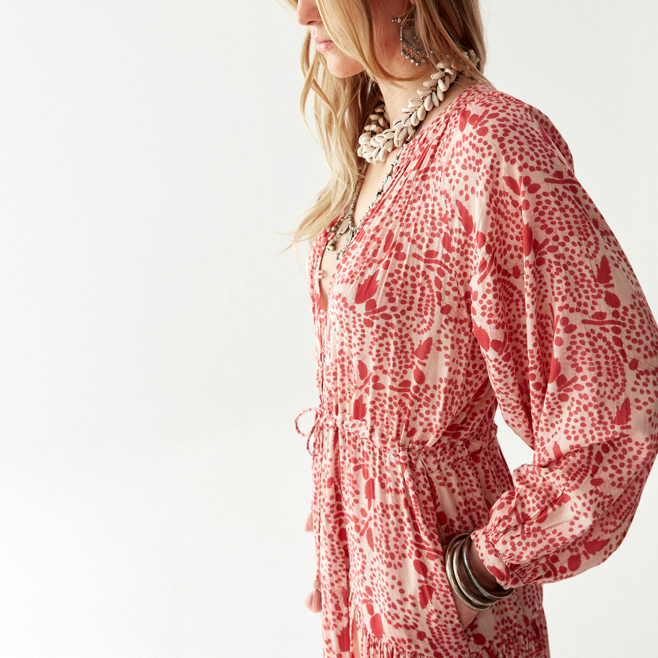 Irene Long Sleeve Button Dress - Pink Martini