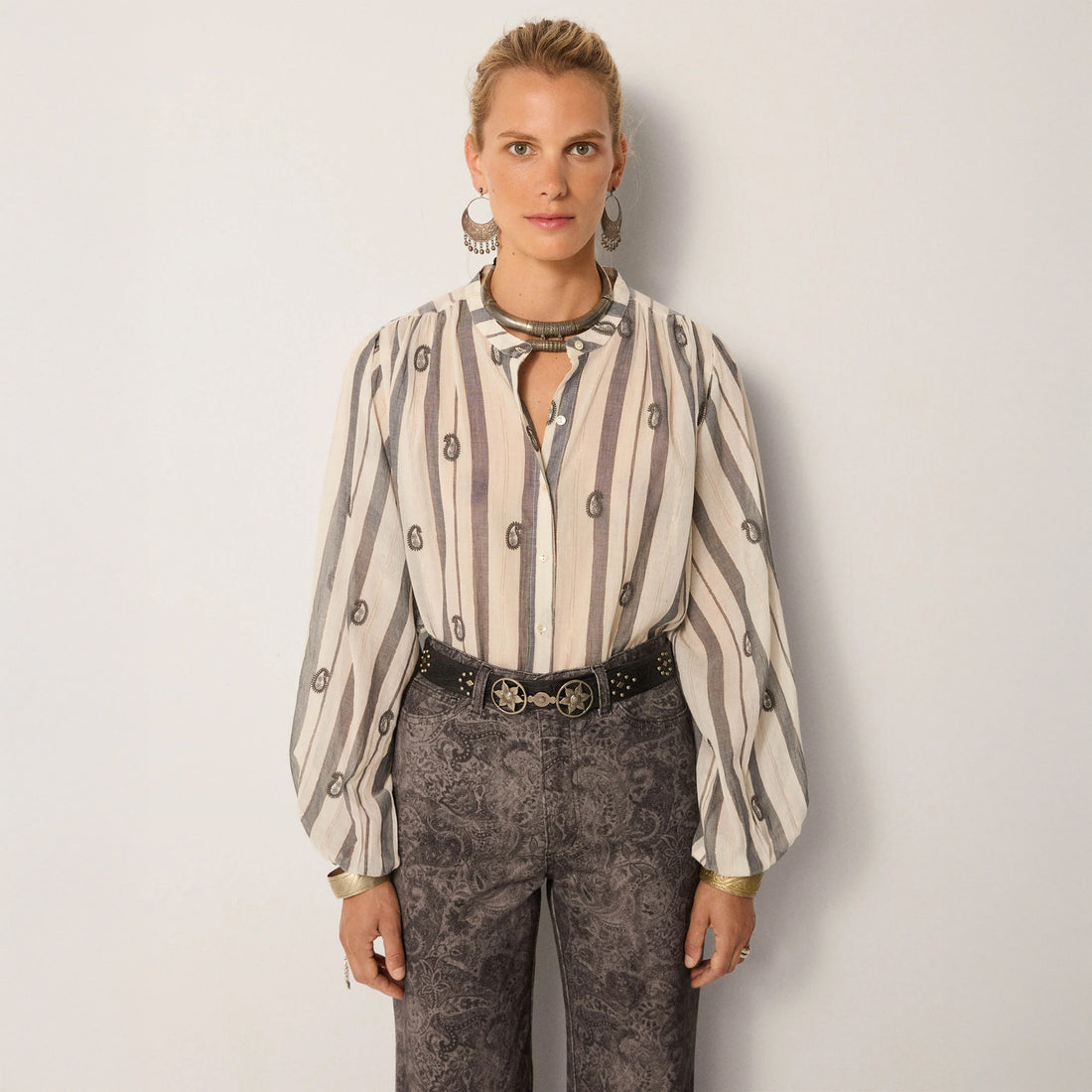 Perla Stripe Emp Blouse - White