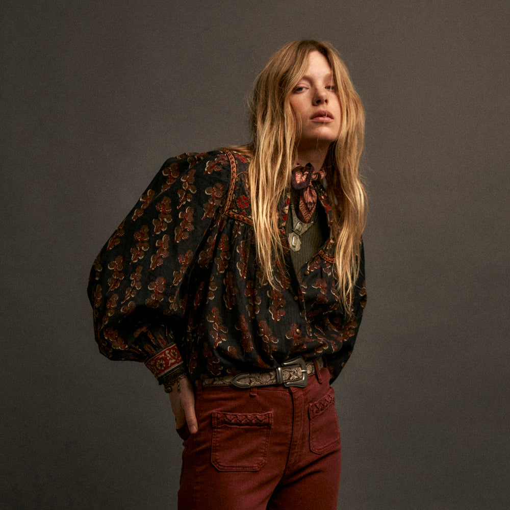 Scarlet Embroidered Yoke Blouse - Black Coffee