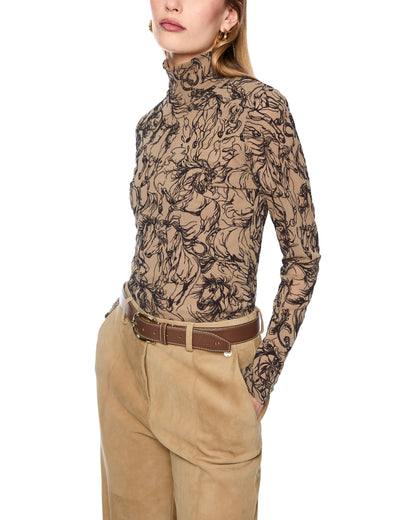 Horse Patterned Turtle Neck - Khaki