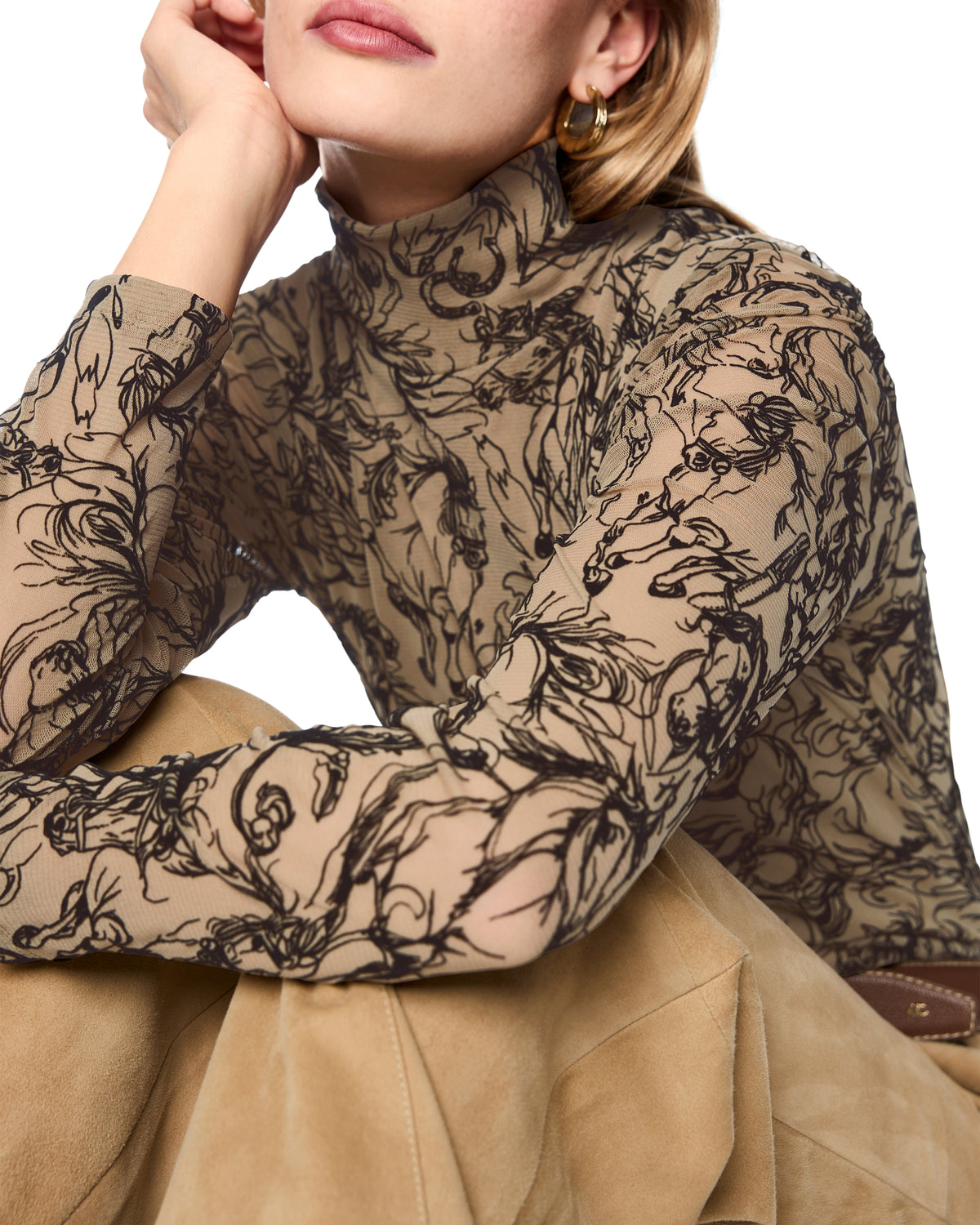 Horse Patterned Turtle Neck - Khaki