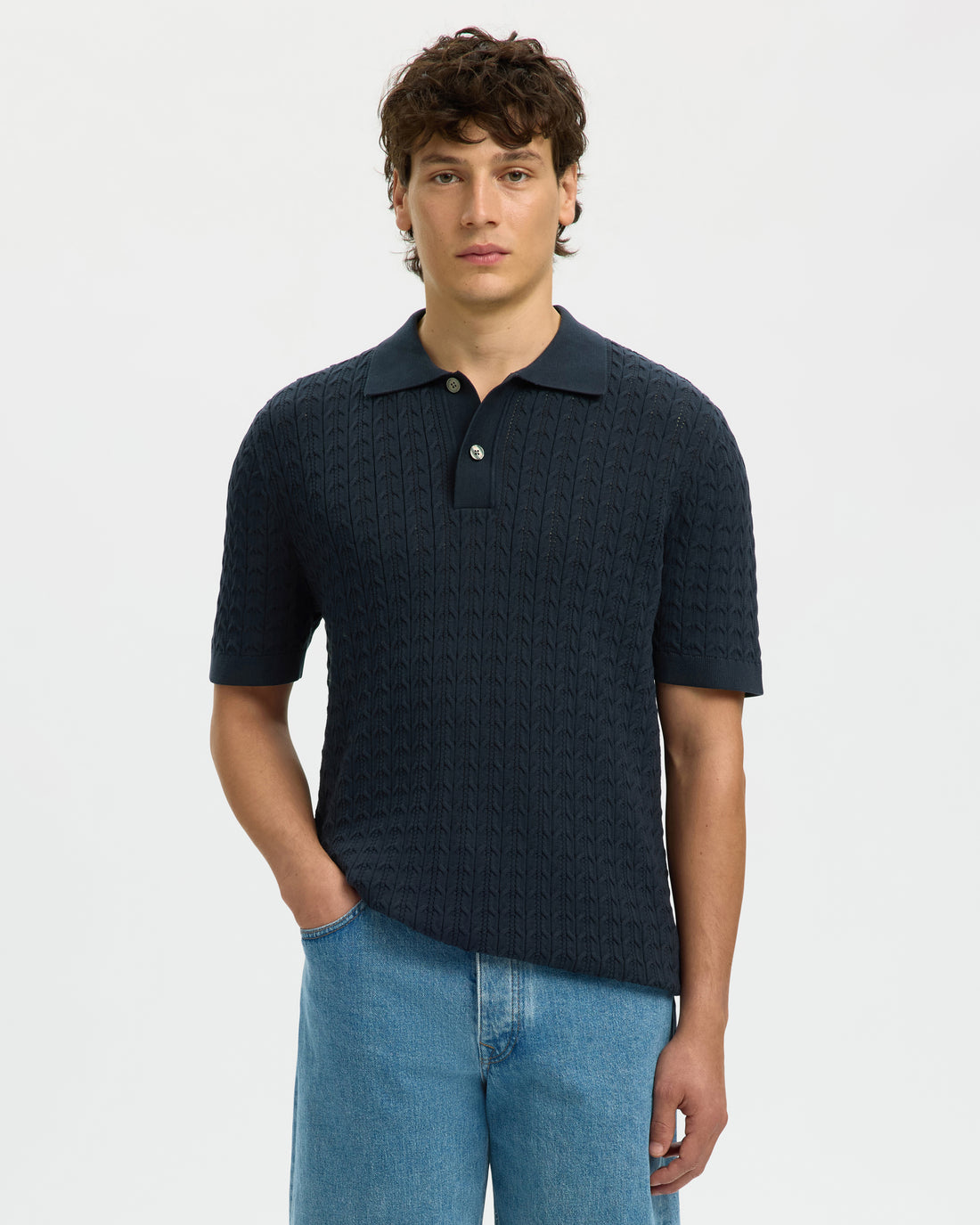 Mattis Short Sleeve Knit New Cable Polo - Sky Captain