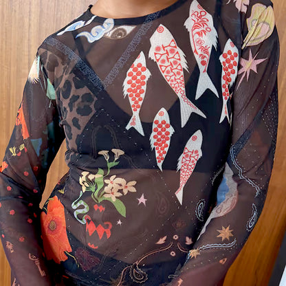 Night Garden Mesh Long Sleeve Top - Black