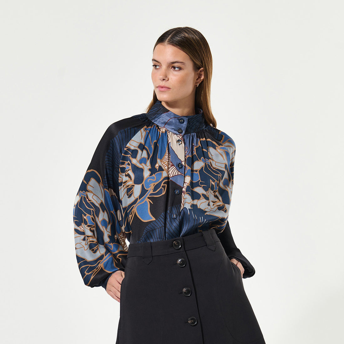 Nita Blouse With Stand Collar - Alepidia Blue