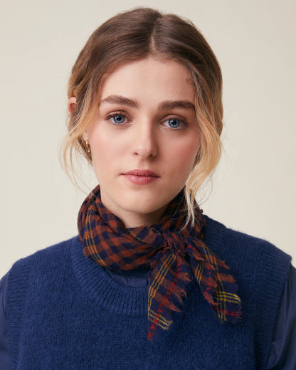 No.849 100% Wool Large Gingham Scarf - Violin - Navy/Brown