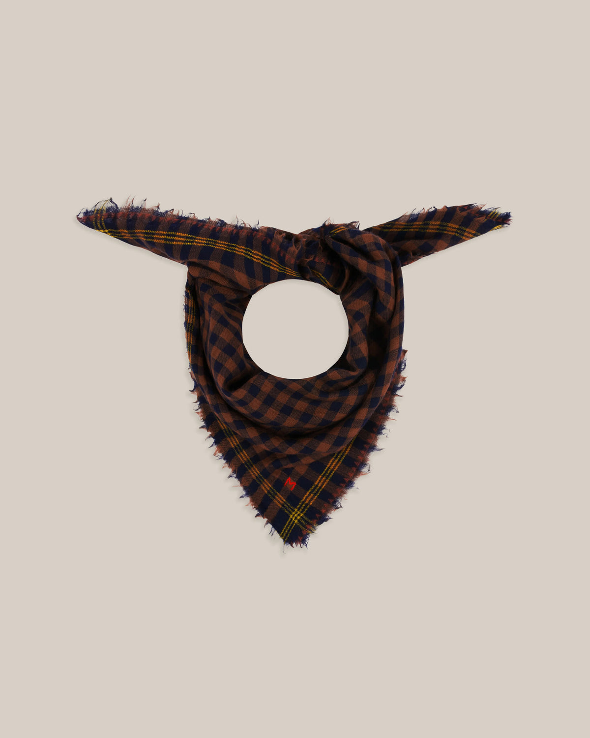 No.849 100% Wool Large Gingham Scarf - Violin - Navy/Brown