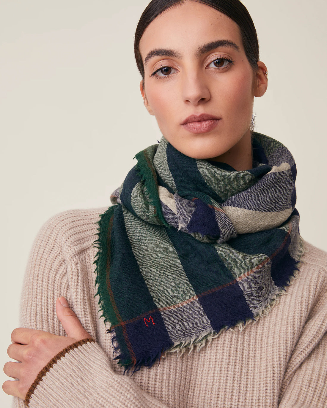 No.854 Wool & Cashmere Large Check Scarf - Celtic - Green/Navy
