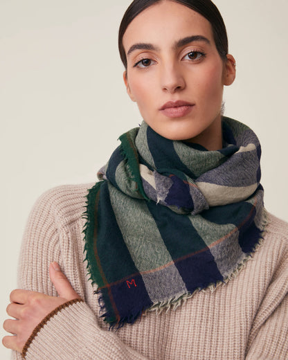 No.854 Wool &amp; Cashmere Large Check Scarf - Celtic - Green/Navy