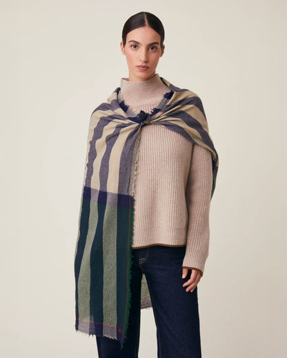 No.854 Wool &amp; Cashmere Large Check Scarf - Celtic - Green/Navy