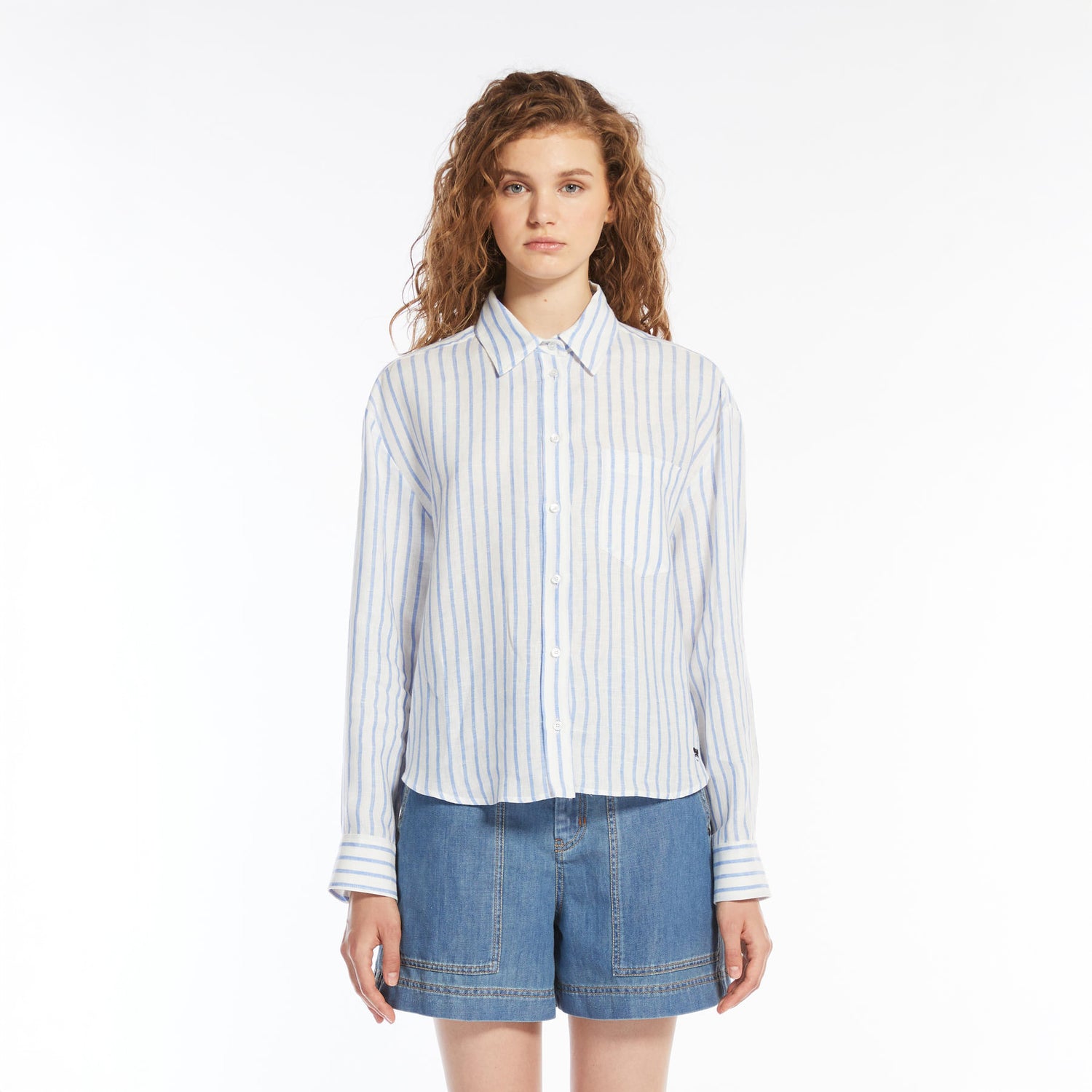 Nolana Linen Fine Stripe Shirt - Light Blue Pinstripe