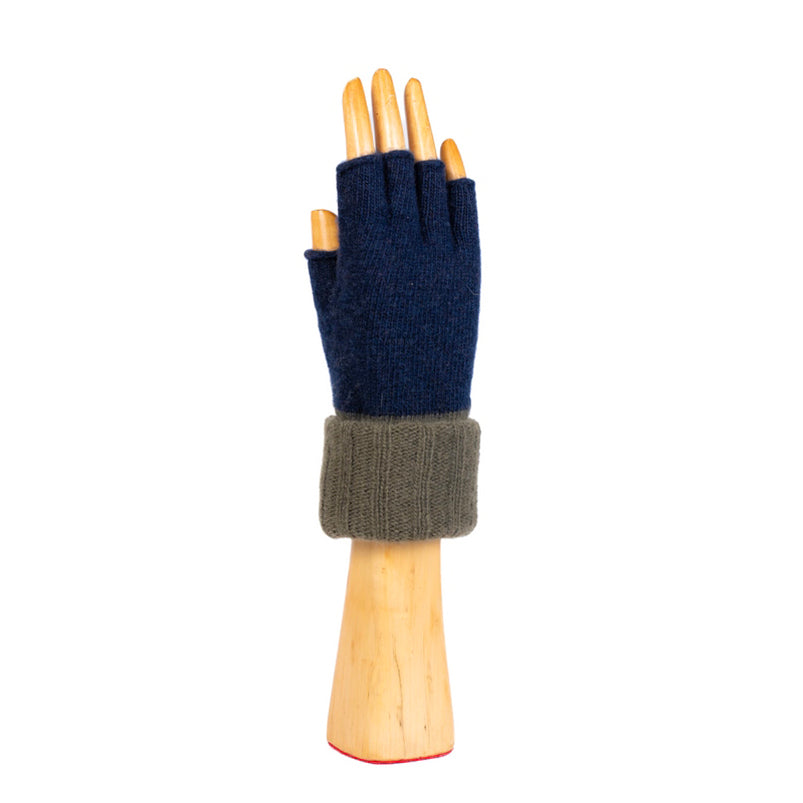 Long Ribbed Fingerless Glove - Navy/Khaki