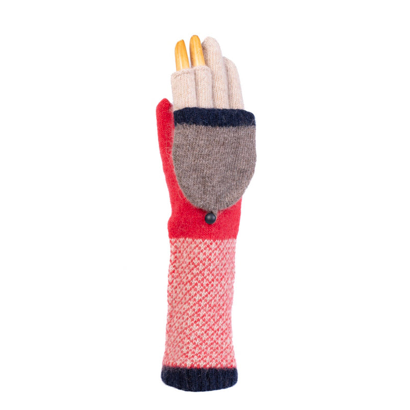 Long Multi Coloured Hood &amp; Button Gloves - Red/Natural