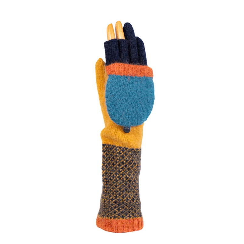 Long Multi Coloured Hood &amp; Button Gloves - Navy/Mustard