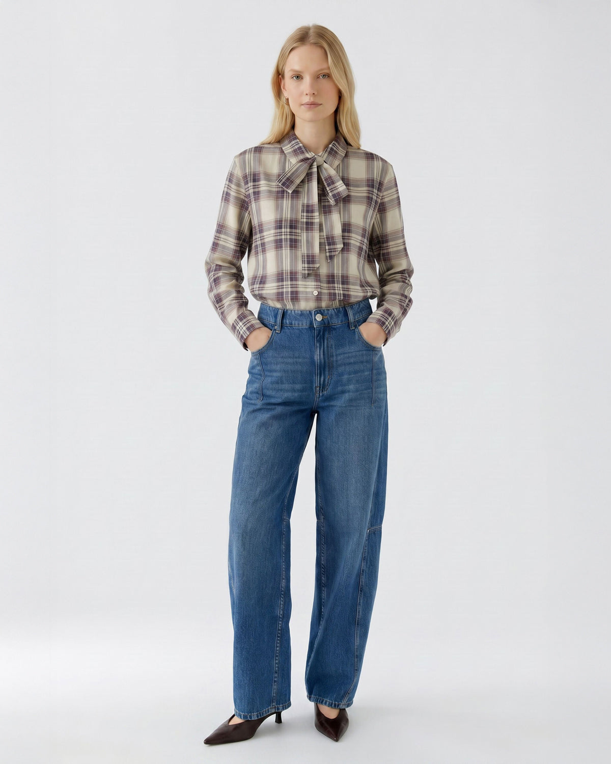 Tie Neck Check Shirt - Violet
