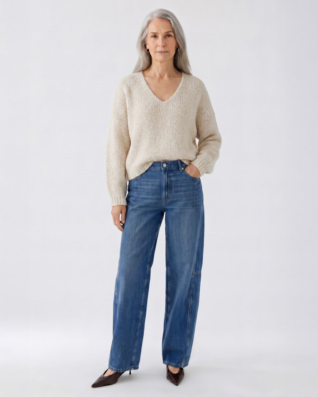 Tape Yarn V Neck Jumper - Beige