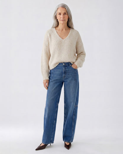 Tape Yarn V Neck Jumper - Beige