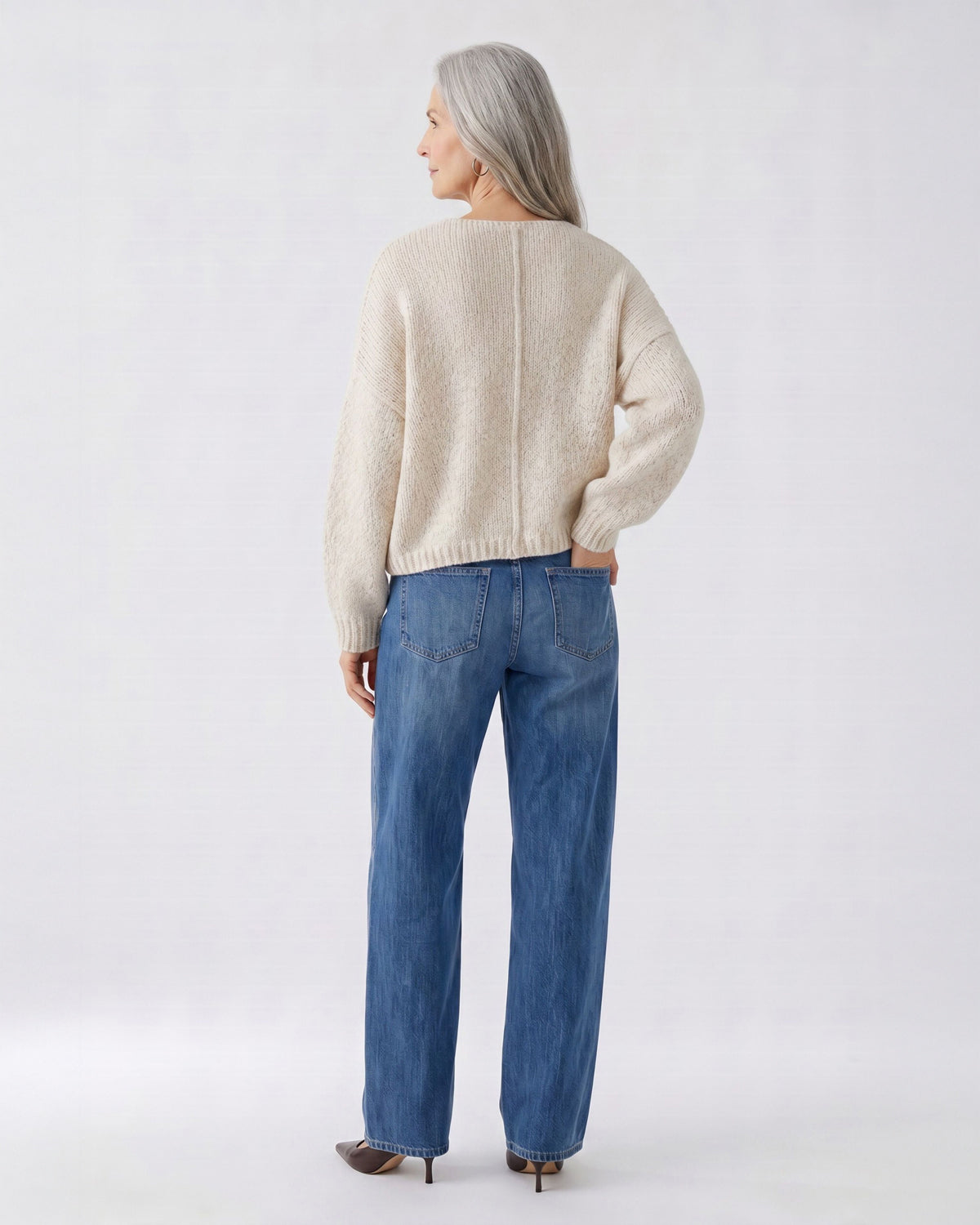 Tape Yarn V Neck Jumper - Beige