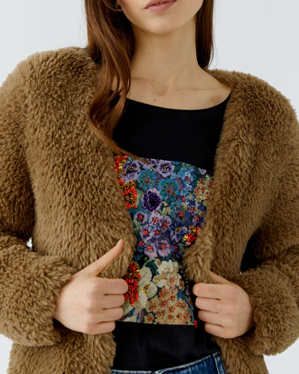 Fluffy Edge To Edge Jacket - Brown