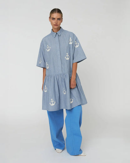 Oversized Dress With Embroidered Anchor - Blue Stripes