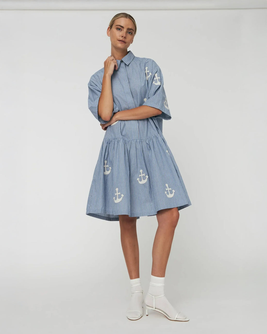 Oversized Dress With Embroidered Anchor - Blue Stripes