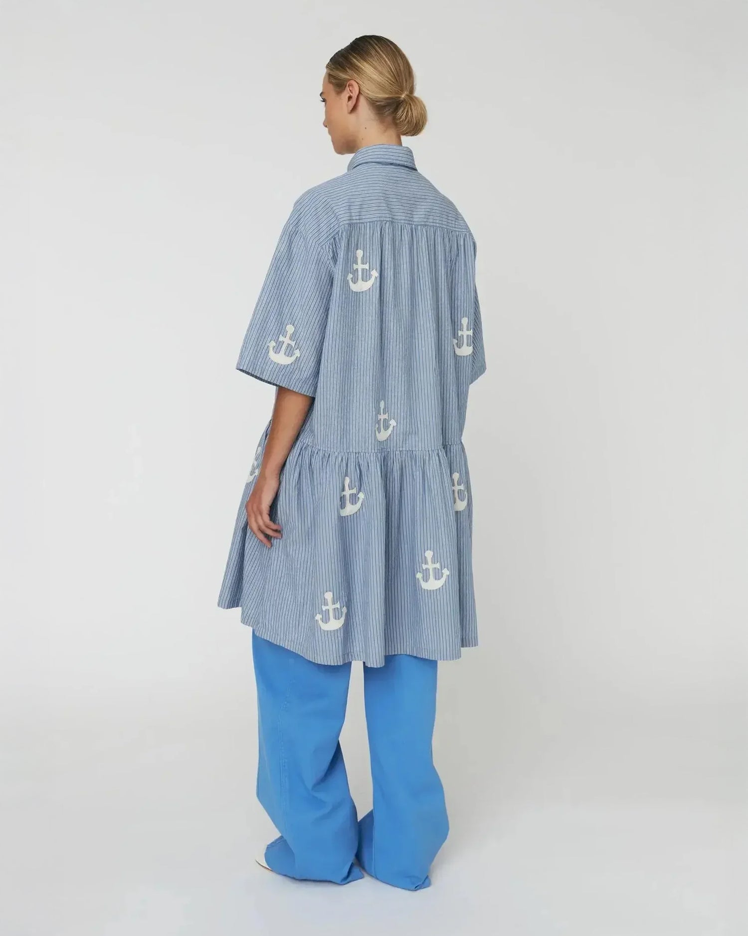 Oversized Dress With Embroidered Anchor - Blue Stripes