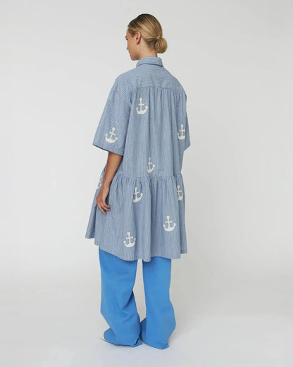 Oversized Dress With Embroidered Anchor - Blue Stripes