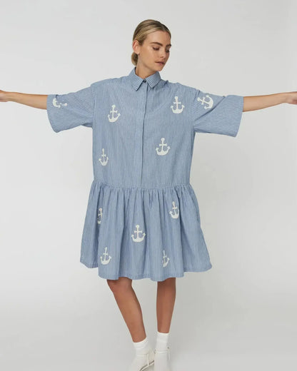 Oversized Dress With Embroidered Anchor - Blue Stripes
