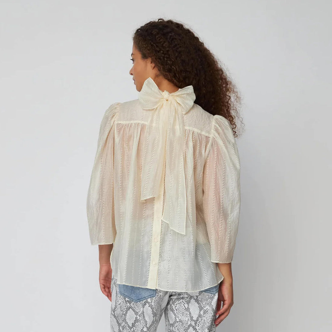 Pointelle High-Neck Bow Blouse - Vanilla