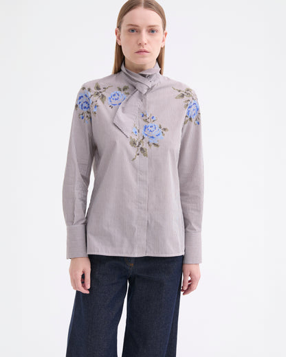 Printed Rose Cotton Striped Shirt - Brown