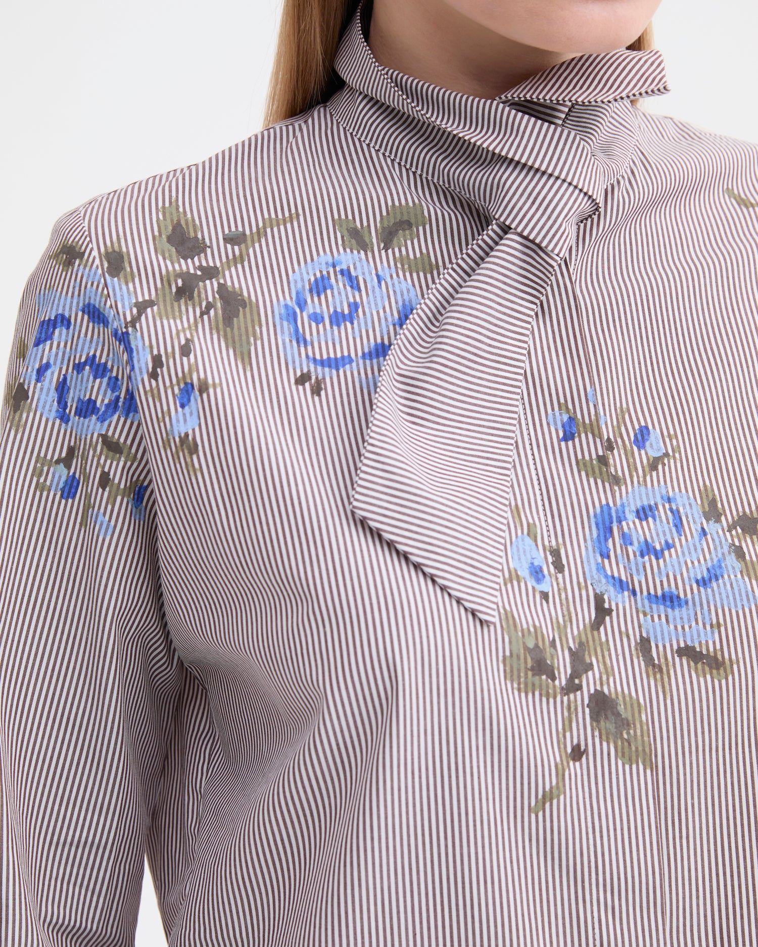 Printed Rose Cotton Striped Shirt - Brown