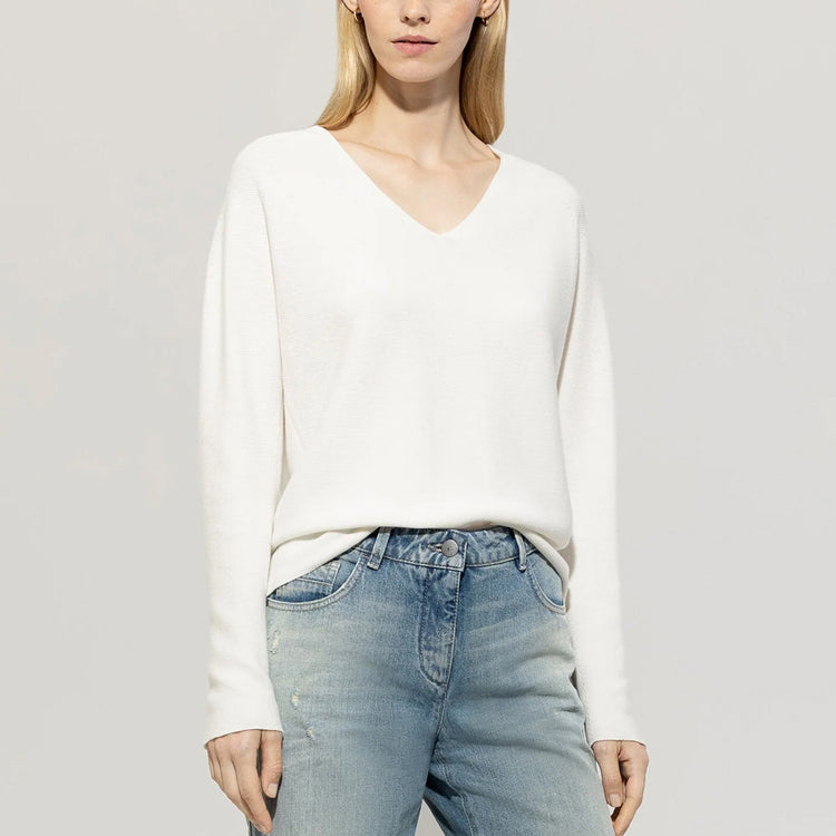 Purl Knit V-Neck Top - Off White