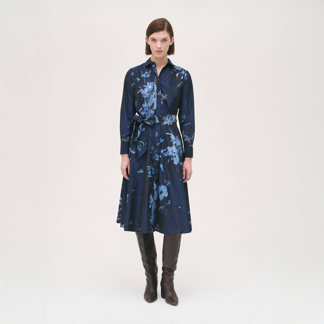 Flock Print Shirt Dress - Navy