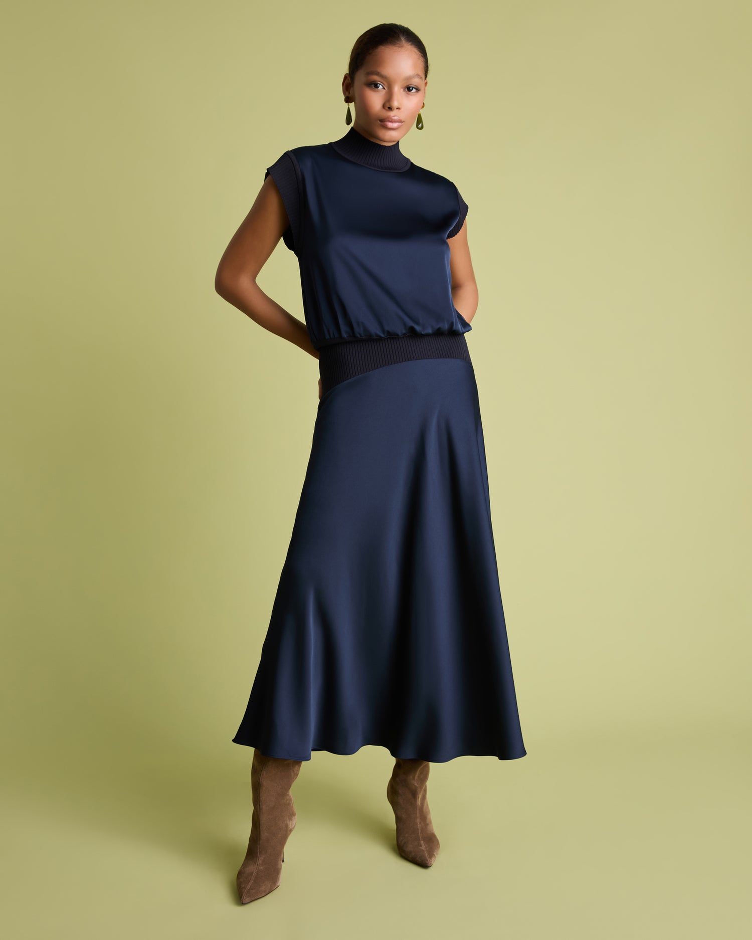 Knit And Satin Skirt - Navy