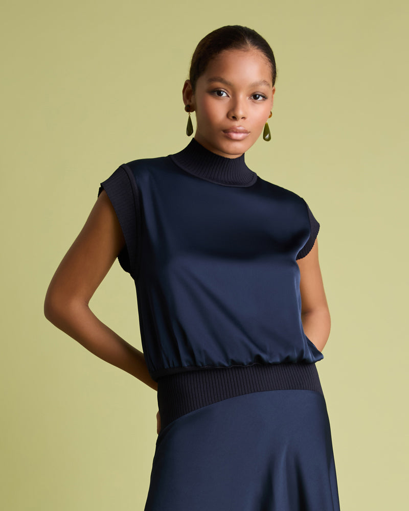 Knit And Satin Top - Navy