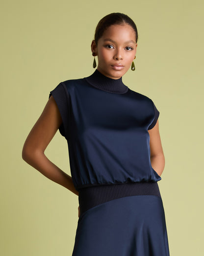 Knit And Satin Top - Navy