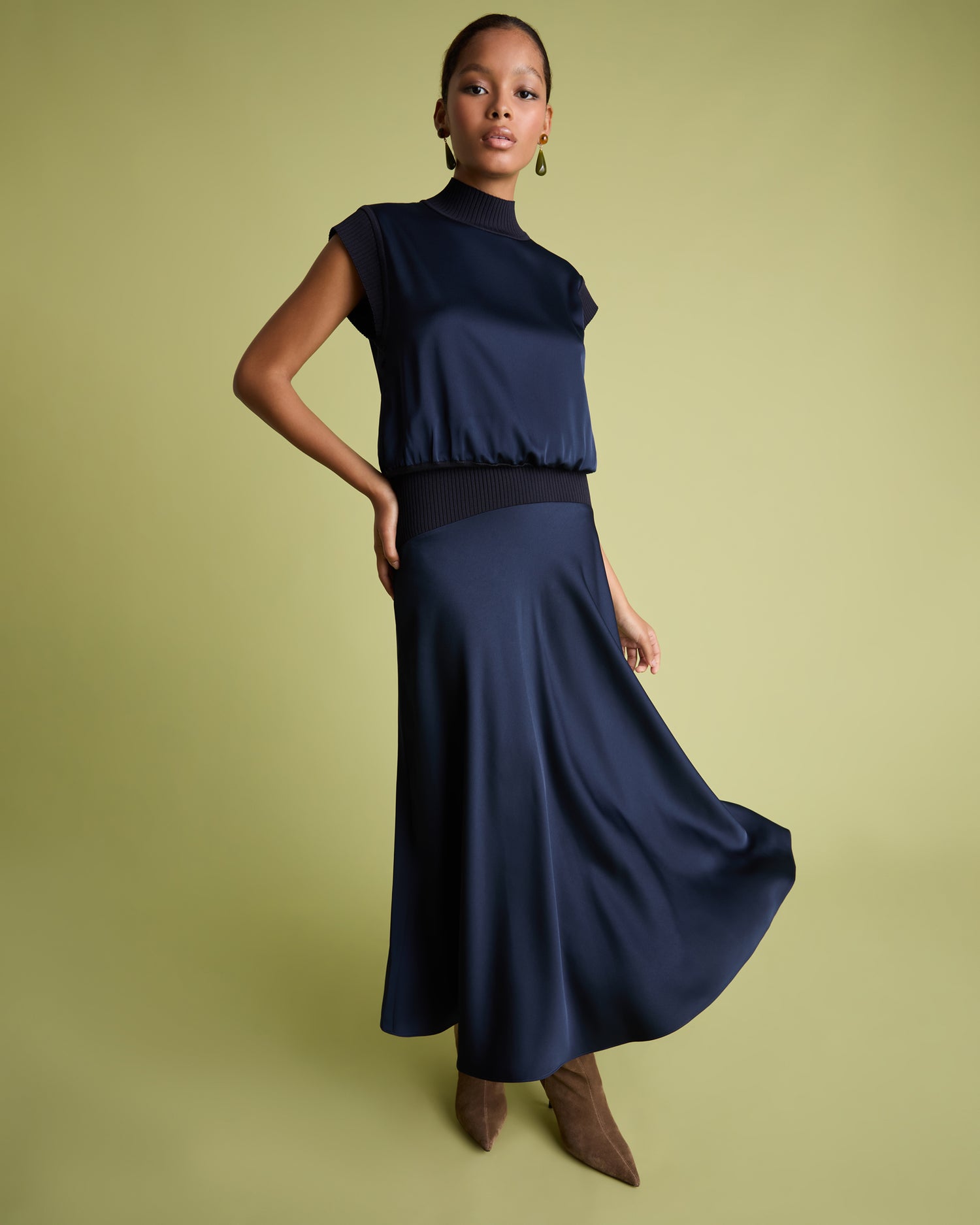 Knit And Satin Skirt - Navy