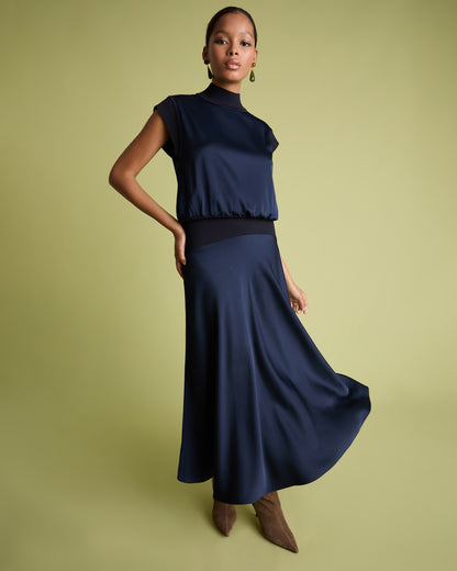 Knit And Satin Skirt - Navy