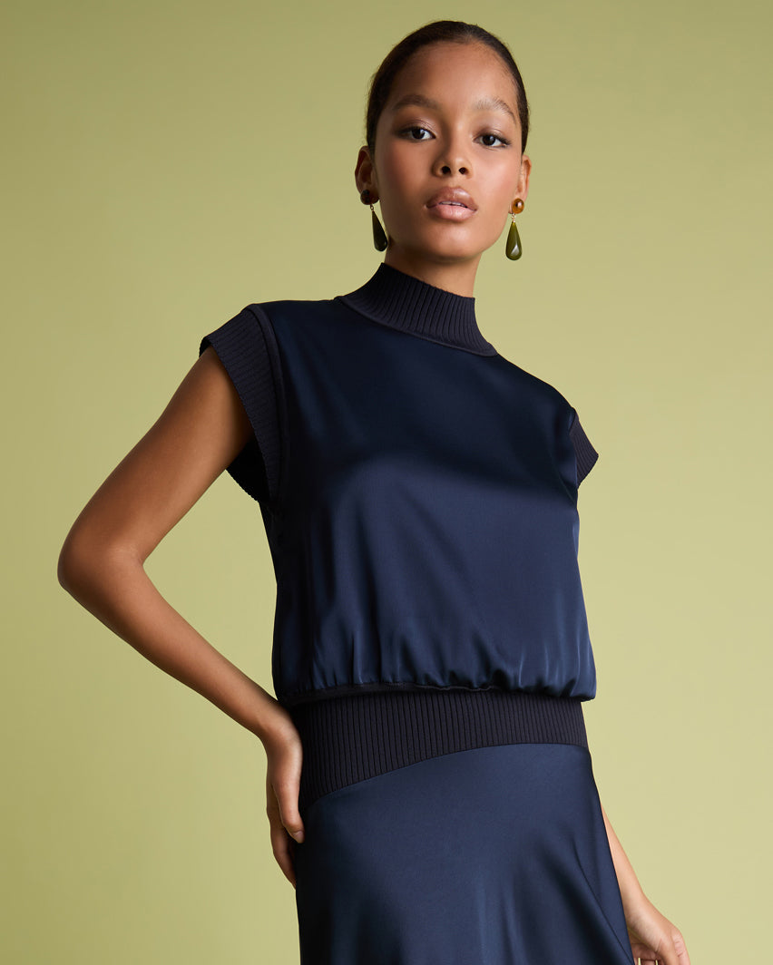 Knit And Satin Top - Navy